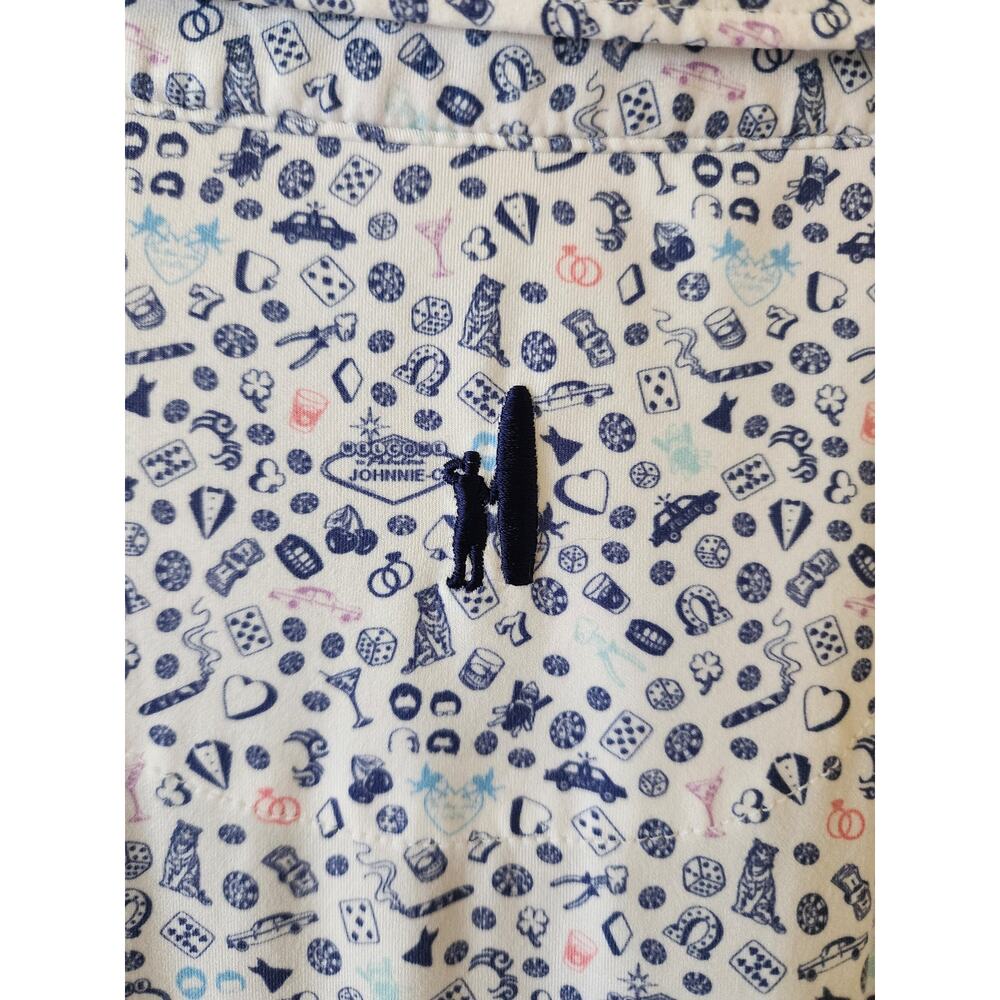 Johnnie-O Viva Las J-O Polo Shirt XL Vegas Novelty Micro Print White Blue Golf - Picture 7 of 9